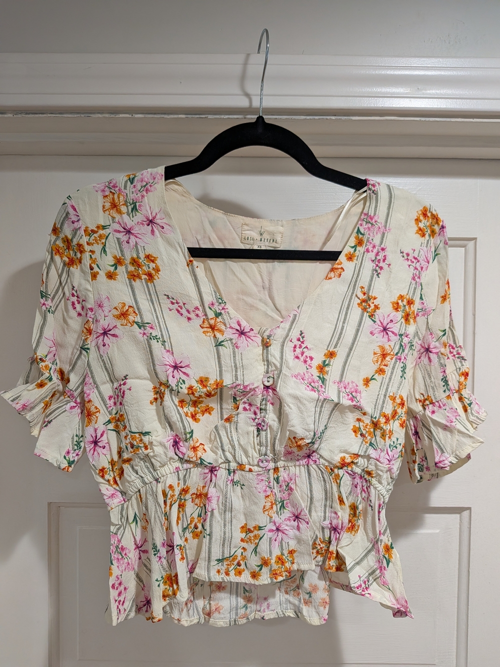 Lost + Wander Cream Peplum Blouse with Pink & Orange Floral Print